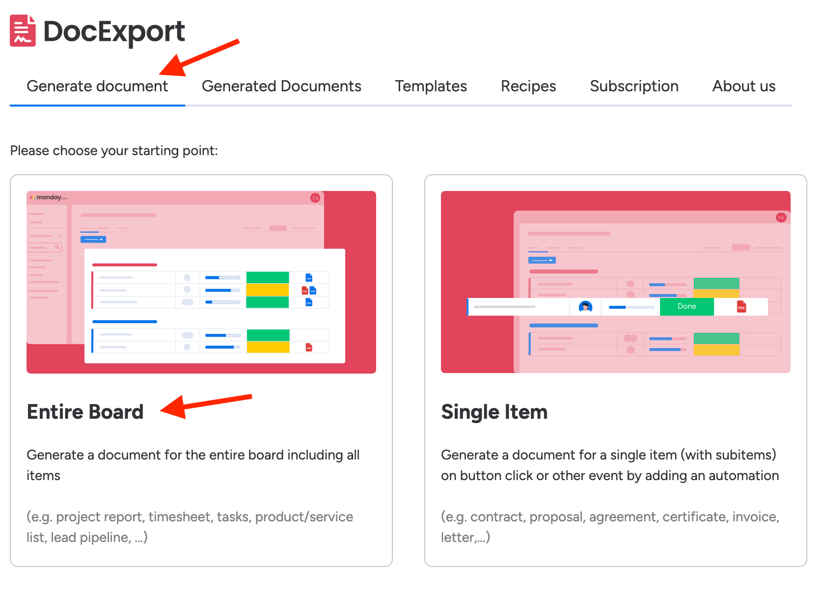 DocExport Generate Document Board