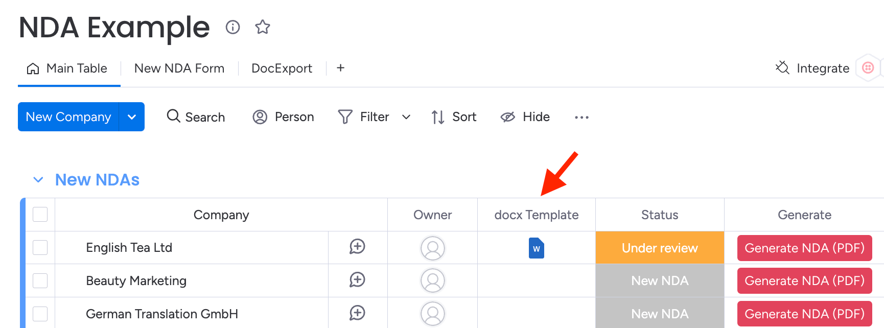 DocExport template column