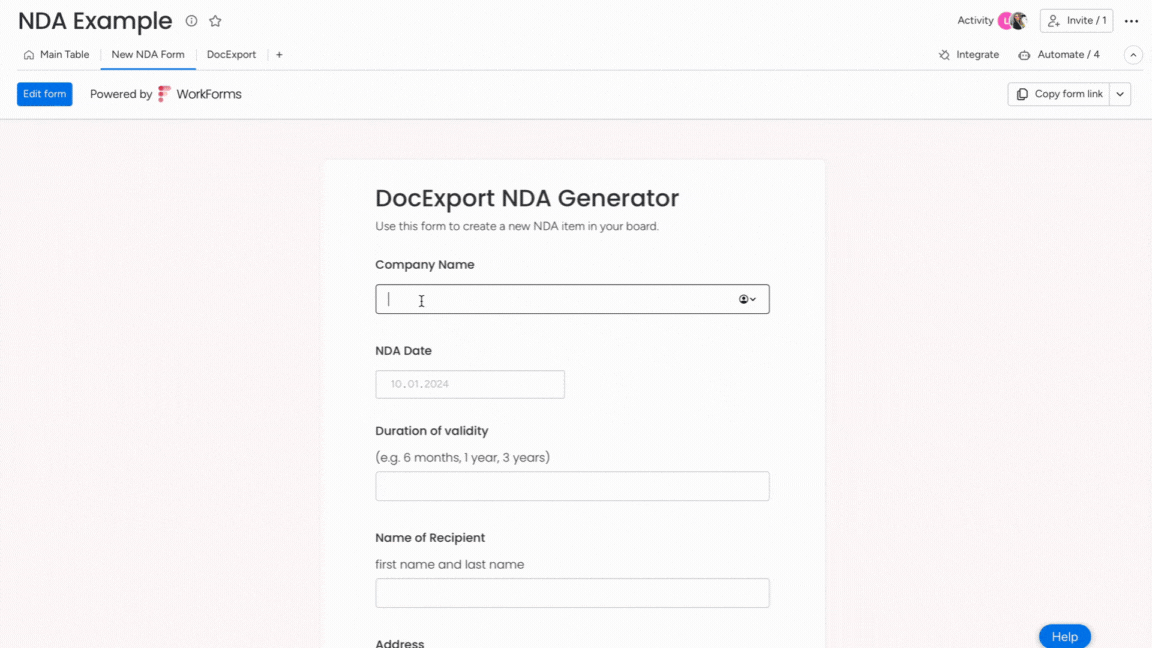 DocExport NDA PDF Generator