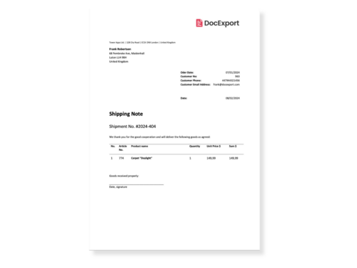 DocExport Shipping Note with Prices