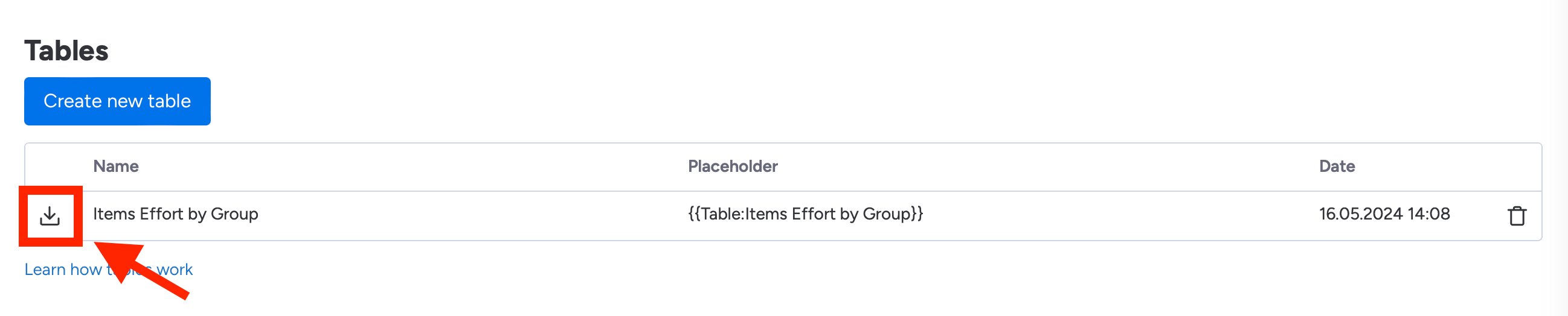 DocExport Table Definition Download