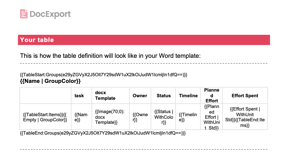 DocExport Table Definition Example